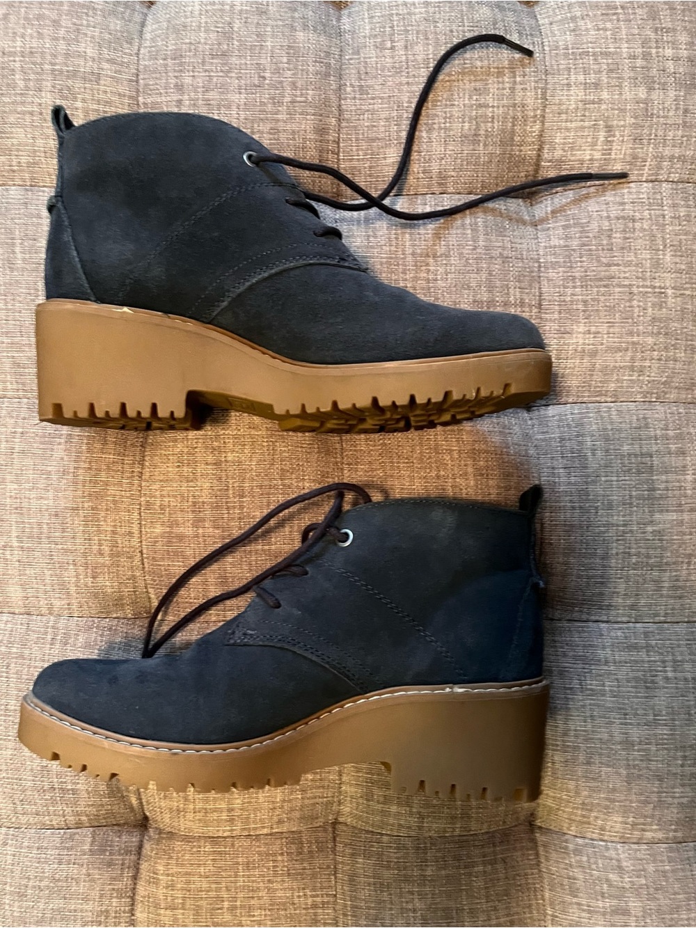 White Mountain Black Suede Lace-Up Wedge Boots with Tan Platform